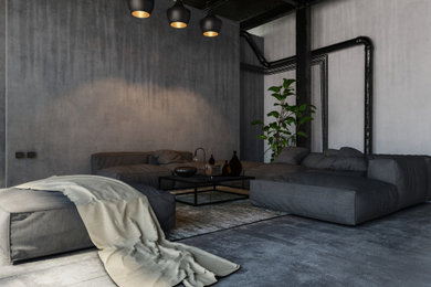 Photo of a small urban fully buried basement in London with grey walls, concrete flooring, black floors and tongue and groove walls.