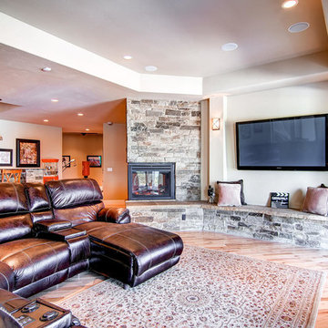 Parker Basement Family Room with Stone Fireplace