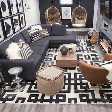 Patterned Black and White Wool Rug in Basement Family Room