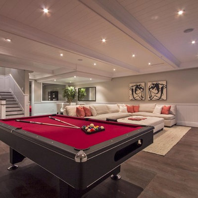 Basement - contemporary underground dark wood floor basement idea in Los Angeles with no fireplace and gray walls