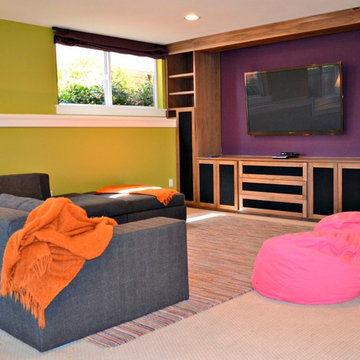 Sectional and bean bags offer seating for the whole family.