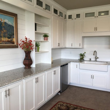 Shaker Style Basement Kitchenette with White Cabinets with Shiplap Backsplash