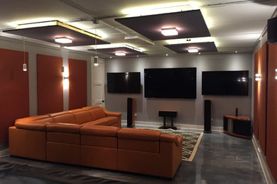 Example of a trendy underground gray floor basement design in Chicago with gray walls