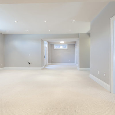 Basement - transitional look-out carpeted basement idea in Toronto