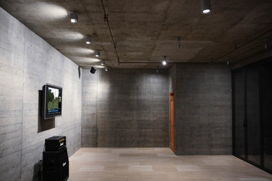 Modelo de sótano en el subsuelo contemporáneo grande sin chimenea con paredes grises, suelo de baldosas de porcelana y suelo beige