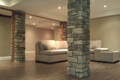 Basement - mid-sized contemporary underground medium tone wood floor basement idea in Ottawa with beige walls and no fireplace