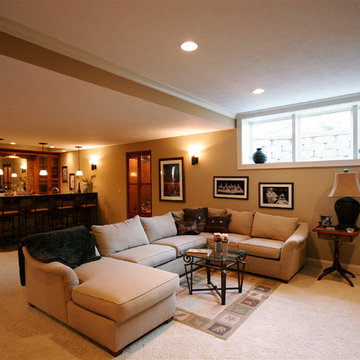 The basement sitting area and wet bar