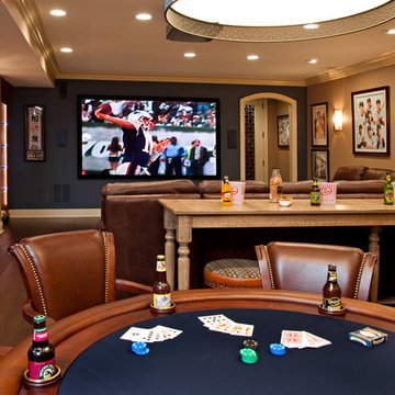 Theater view, 120" screen, snack table & seating, poker table