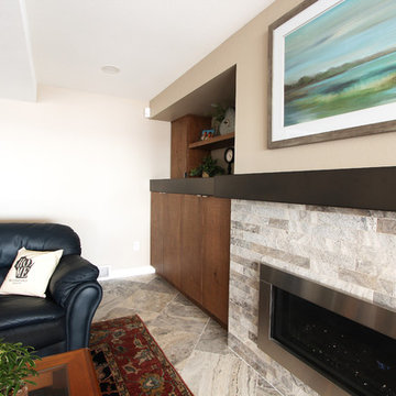Tile Fireplace with Custom Metal Mantle and Countertop