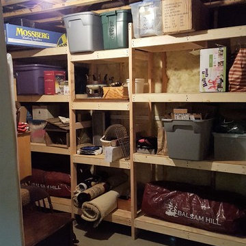 Unpainted non-adjustable basement storage shelving