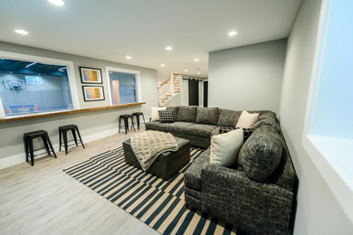 Example of a large trendy look-out vinyl floor and gray floor basement design in St Louis with gray walls