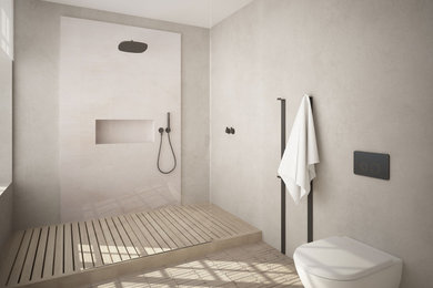 Photo of a large contemporary ensuite bathroom in London with a walk-in shower, a wall mounted toilet and limestone flooring.