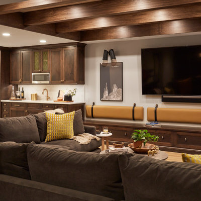 Inspiration for a transitional underground exposed beam basement remodel in Chicago with white walls