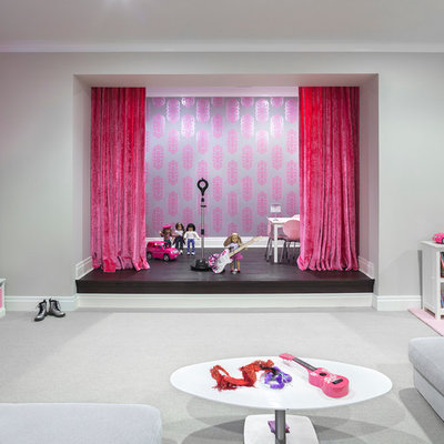 Inspiration for a huge contemporary underground carpeted basement remodel in New York with gray walls and no fireplace