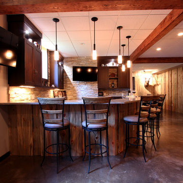 Wood Paneled Back of Bar adds Texture to Basement