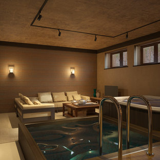 Diseño de piscinas y jacuzzis naturales, escandinavos, grandes, interiores y rectangulares, con suelo de baldosas