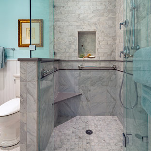 Small arts and crafts master white tile and porcelain tile porcelain tile bathroom photo in Nashville with shaker cabinets, white cabinets, a two-piece toilet, blue walls, an undermount sink and quartz countertops