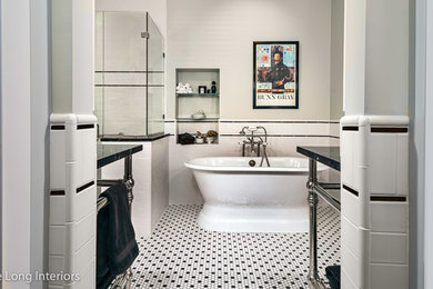 Large classic ensuite bathroom in Nashville with a freestanding bath, an alcove shower, white tiles, metro tiles, white walls, mosaic tile flooring, a console sink, marble worktops, multi-coloured floors and a hinged door.