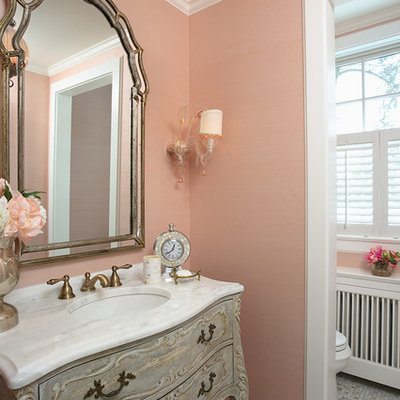 Example of a classic mosaic tile floor bathroom design in Sydney with an undermount sink, furniture-like cabinets, gray cabinets and pink walls