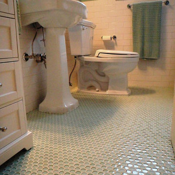 1940'3 bath room up date with glass penny round floor and white subway wall tile