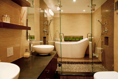 Example of a large minimalist master multicolored tile bathroom design in New York with a one-piece toilet and beige walls