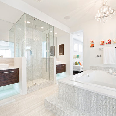 Trendy white tile and mosaic tile bathroom photo in Calgary with a vessel sink, flat-panel cabinets and dark wood cabinets