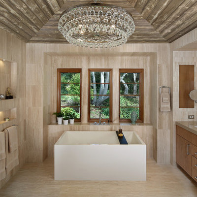 Freestanding bathtub - large contemporary master beige tile and porcelain tile porcelain tile and beige floor freestanding bathtub idea in San Francisco with an undermount sink, flat-panel cabinets, medium tone wood cabinets, beige walls and quartz countertops