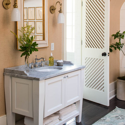 Inspiration for a mid-sized timeless 3/4 white tile and subway tile dark wood floor and brown floor bathroom remodel in Birmingham with white cabinets, recessed-panel cabinets, an undermount sink, marble countertops and beige walls