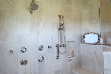 Bathroom - master beige tile and porcelain tile porcelain tile and beige floor bathroom idea in Portland