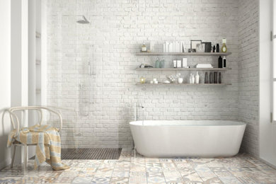 Inspiration for a contemporary white tile and stone tile cement tile floor bathroom remodel in Orlando