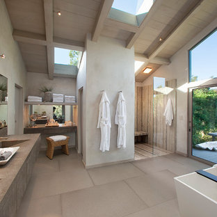 Ispirazione per un'ampia stanza da bagno padronale minimal con ante lisce, ante grigie, vasca freestanding, doccia aperta, pareti grigie, lavabo integrato, pavimento in gres porcellanato, top in quarzo composito e doccia aperta