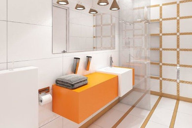 Ejemplo de cuarto de baño minimalista con puertas de armario de madera clara, baldosas y/o azulejos grises y suelo de madera en tonos medios