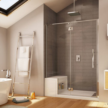 60 x 32 acrylic shower base and pivoting frameless shower door system