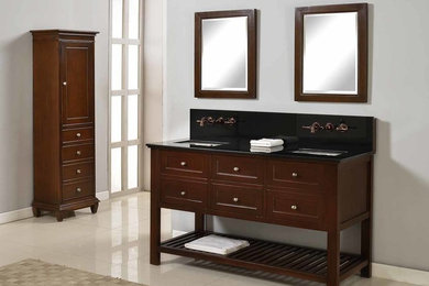 Diseño de cuarto de baño clásico renovado de tamaño medio con armarios tipo mueble, puertas de armario de madera en tonos medios, lavabo bajoencimera y encimera de granito
