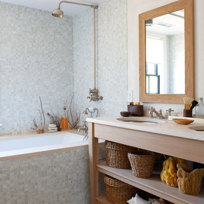 Inspiration for a coastal gray tile and mosaic tile bathroom remodel in New York