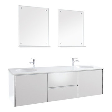 72 inch Wall Mount Bathroom Vanity in White with White Glass Countertop and Unde