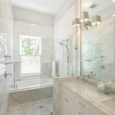 Inspiration for a farmhouse master gray tile, white tile and mosaic tile white floor bathroom remodel in DC Metro with shaker cabinets, white cabinets and an undermount sink