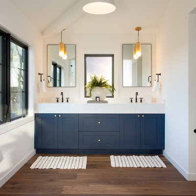 Bathroom - transitional dark wood floor and brown floor bathroom idea in Los Angeles with shaker cabinets, blue cabinets, white walls and white countertops