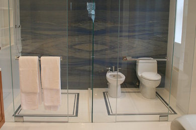 Doorless shower - large contemporary master stone slab and blue tile marble floor, white floor and double-sink doorless shower idea in New York with marble countertops, white walls, furniture-like cabinets, brown cabinets, a bidet, an undermount sink, a hinged shower door, white countertops, a niche and a built-in vanity
