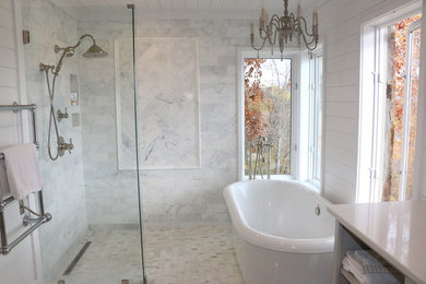 Bathroom - large modern master white tile and marble tile marble floor and white floor bathroom idea in Other with open cabinets, white cabinets, a two-piece toilet, white walls, a drop-in sink, solid surface countertops and white countertops