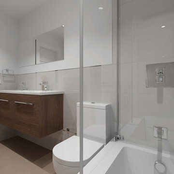 A bathroom using large format Porcelanosa Tile, utilizing simple clean design