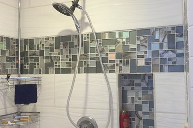 Inspiration for a transitional white tile and porcelain tile bathroom remodel in Denver with white walls