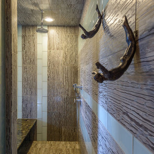 Design ideas for a medium sized bathroom in Phoenix with a walk-in shower, multi-coloured tiles and an open shower.