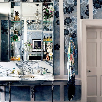 Inspiration for a large shabby-chic style kids' freestanding bathtub remodel in London with a wall-mount sink