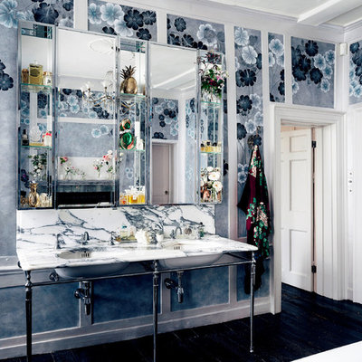 Freestanding bathtub - large shabby-chic style kids' freestanding bathtub idea in London with a wall-mount sink