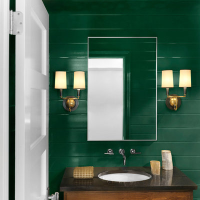 Bathroom - mid-sized rustic 3/4 bathroom idea in St Louis with furniture-like cabinets, medium tone wood cabinets, green walls and an undermount sink