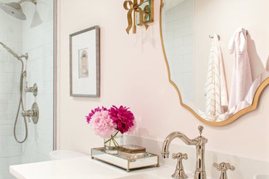 Mid-sized transitional 3/4 white tile and subway tile mosaic tile floor bathroom photo in Montreal with pink walls, an undermount sink, quartz countertops and white countertops