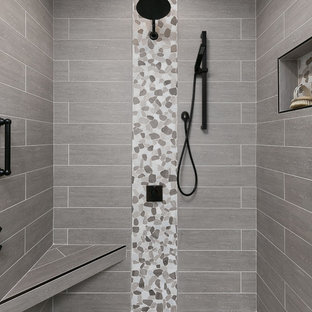 Bathroom - small transitional 3/4 gray tile and porcelain tile pebble tile floor and gray floor bathroom idea in Sacramento with beaded inset cabinets, white cabinets, white walls, an undermount sink and quartz countertops