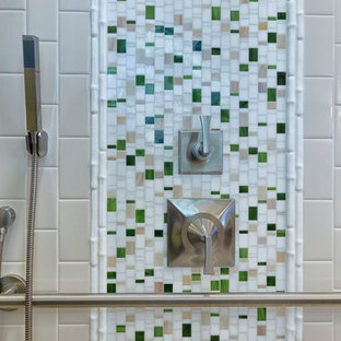 Wet room - mid-sized asian master beige tile and glass tile porcelain tile wet room idea in San Diego