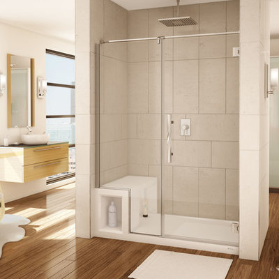 Alcove shower - mid-sized transitional master alcove shower idea in Cleveland with medium tone wood cabinets and a vessel sink